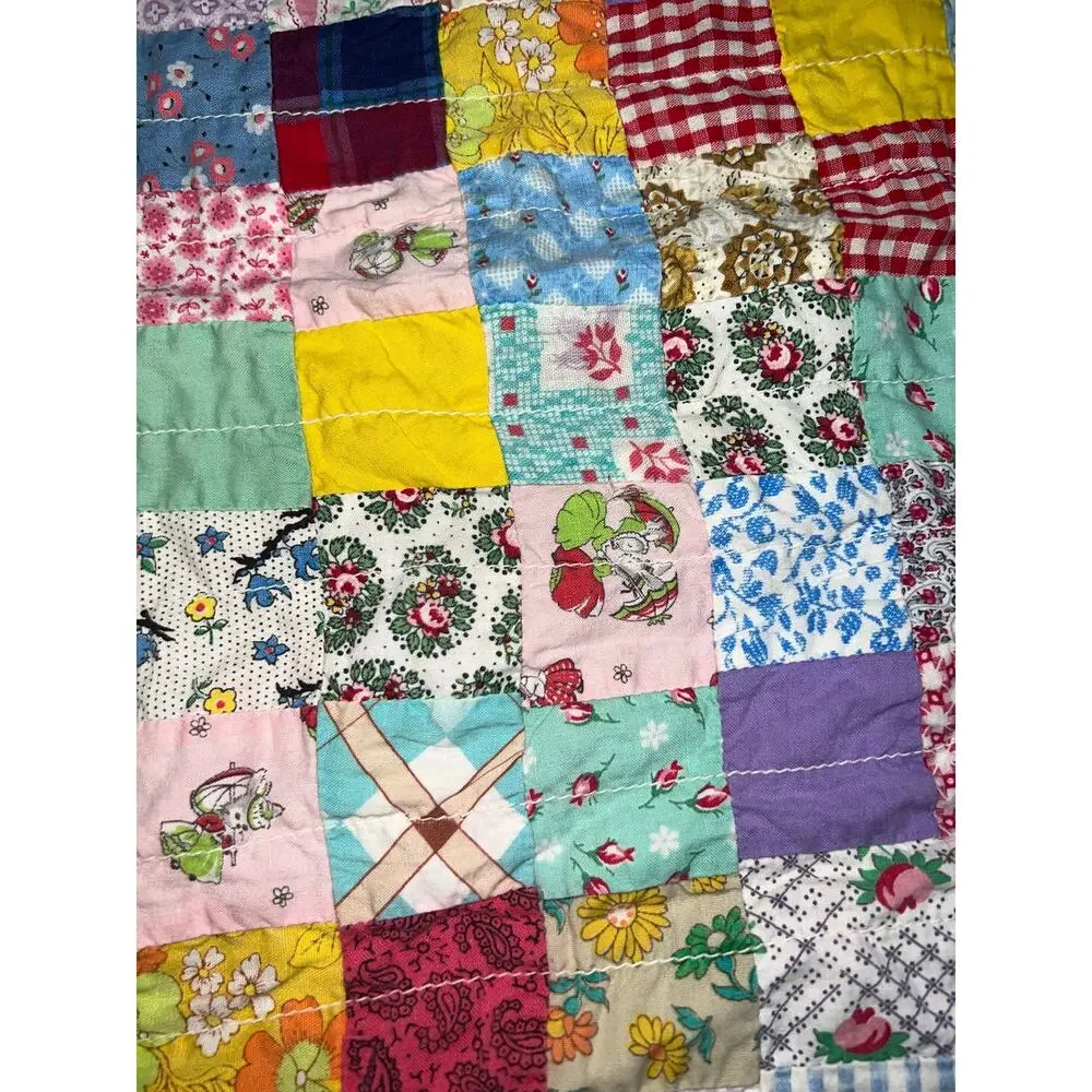 Vintage Patchwork Quilt for baby dolls yellow floral bunny cottage core 19x 19